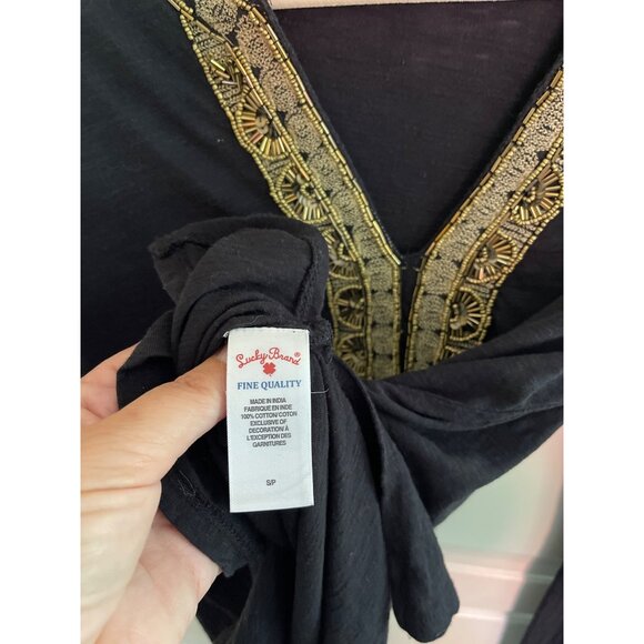 Lucky Brand Tunic Black Gold Beaded Embroidered Size S Cotton India - Picture 11 of 12